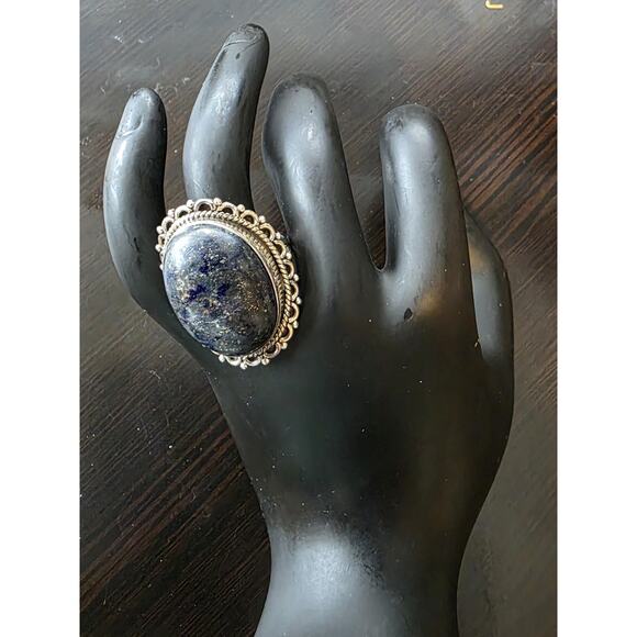 Vintage Lapis Lazuli Sterling Silver Ring | Size 8.5 | Boho Statement Jewelry - Picture 4 of 7